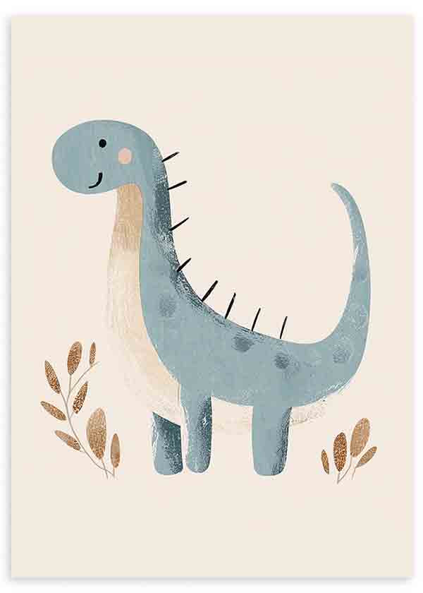 Quadro emoldurado com dinossauro azul de pescoço comprido, fundo bege, pequenas folhas castanhas, detalhes em rosa e cinzento, num estilo infantil simples e delicado. Disponível em kudeko.com