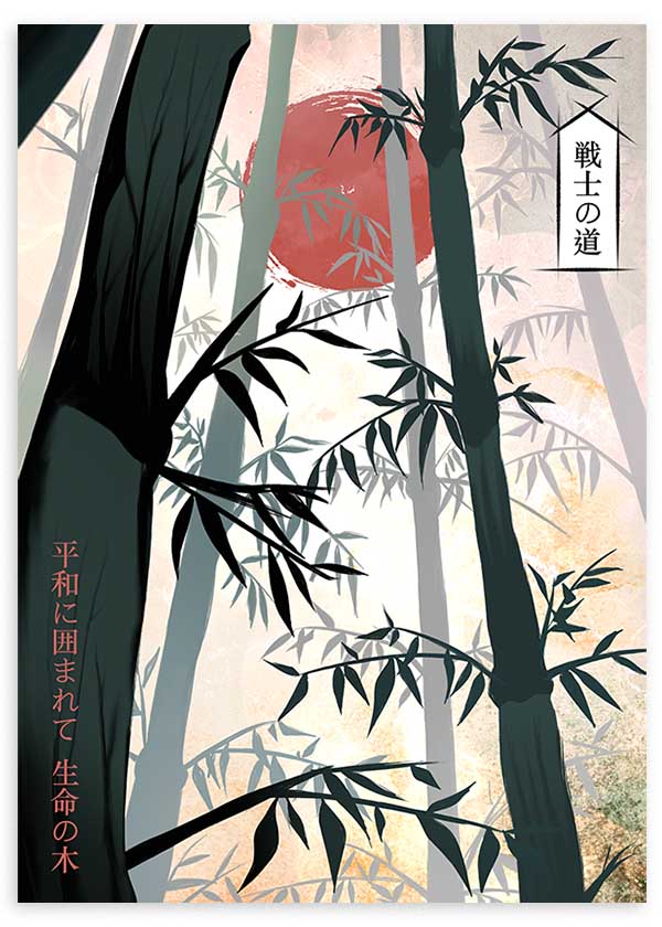 Cuadro japonés de bosque de bambú con sol rojo estilo Japandi, kudeko.com
