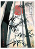 Cuadro japonés de bosque de bambú con sol rojo estilo Japandi, kudeko.com
