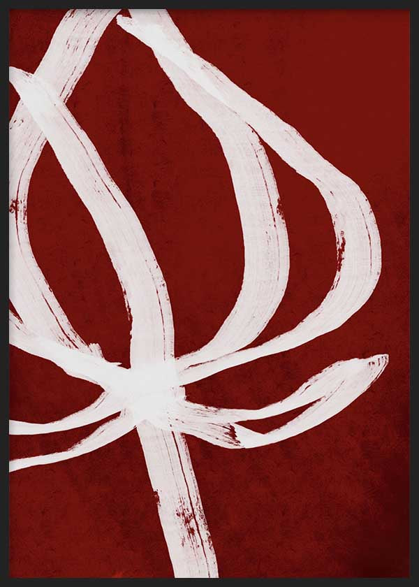 Cuadro floral minimalista con flor blanca sobre fondo burdeos intenso, kudeko.com
