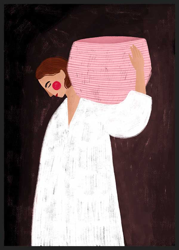 Cuadro ilustrado colorido mujer con túnica blanca cargando cuenco rosa de Bea Muller, kudeko.com
