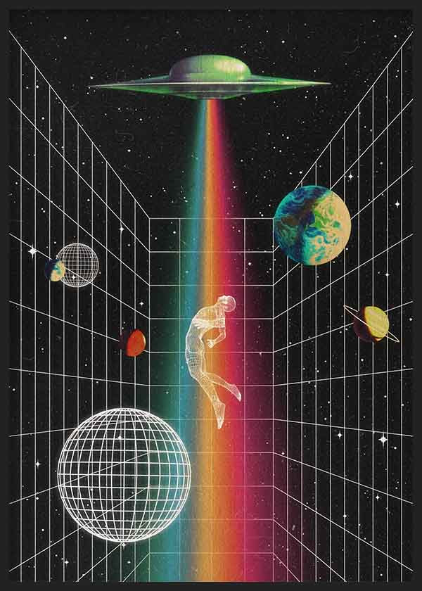 Quadro surrealista de abdução espacial com raio de luz e planetas, ambiente cósmico decorativo. Disponível em kudeko.com