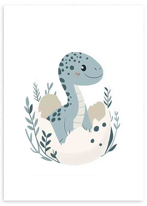 Cuadro con dinosaurio azul saliendo del cascarón, hojas decorativas en azul grisáceo y beige, fondo blanco y estilo infantil. Disponible en kudeko.com