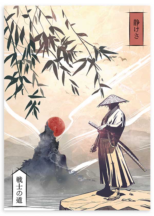 Cuadro japonés de samurái con montaña y sol rojo estilo Japandi, kudeko.com
