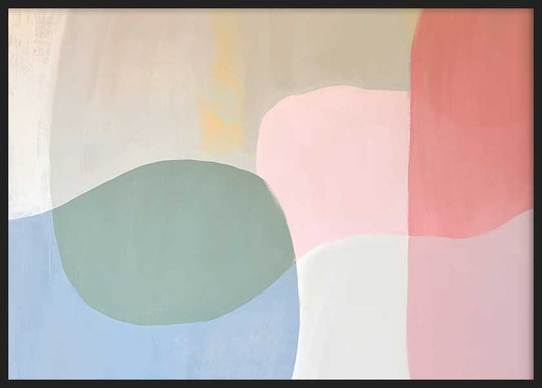 Horizontales Wandbild abstrakt mit organischen Formen in Pastelltönen, sanfte und moderne dekorative Ausstrahlung. Erhältlich auf kudeko.com
