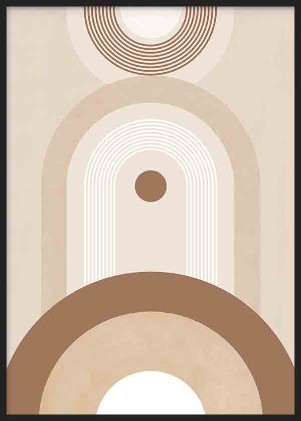 Tableau avec arcs concentriques, cercles superposés et formes courbes en beige, sable, blanc cassé et brun chaud, dans un style géométrique épuré inspiré du mid century. Disponible sur kudeko.com