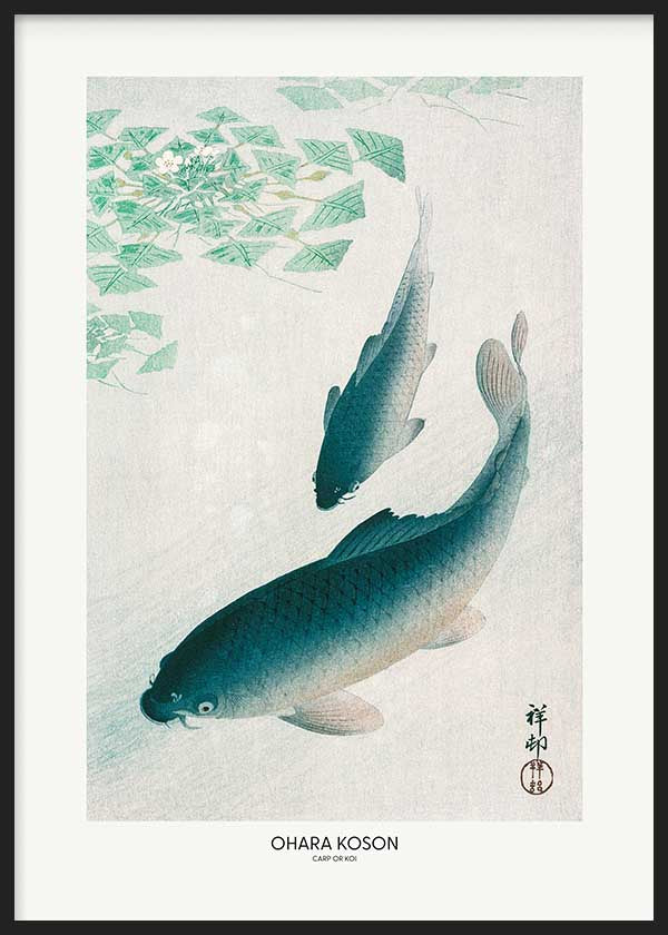 Cuadro con dos carpas koi nadando estilo Japandi, kudeko.com
