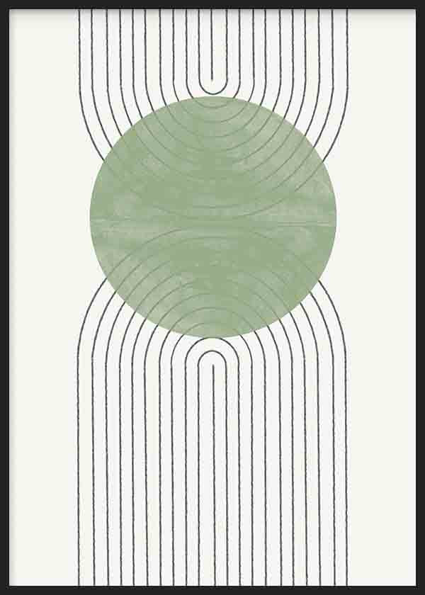 Tableau encadré avec grand cercle vert sauge central, lignes noires courbes parallèles, fond blanc et composition géométrique épurée et équilibrée. Disponible sur kudeko.com