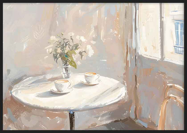 Quadro horizontal minimalista que representa uma calorosa cena de café para dois. Disponível em kudeko.com.