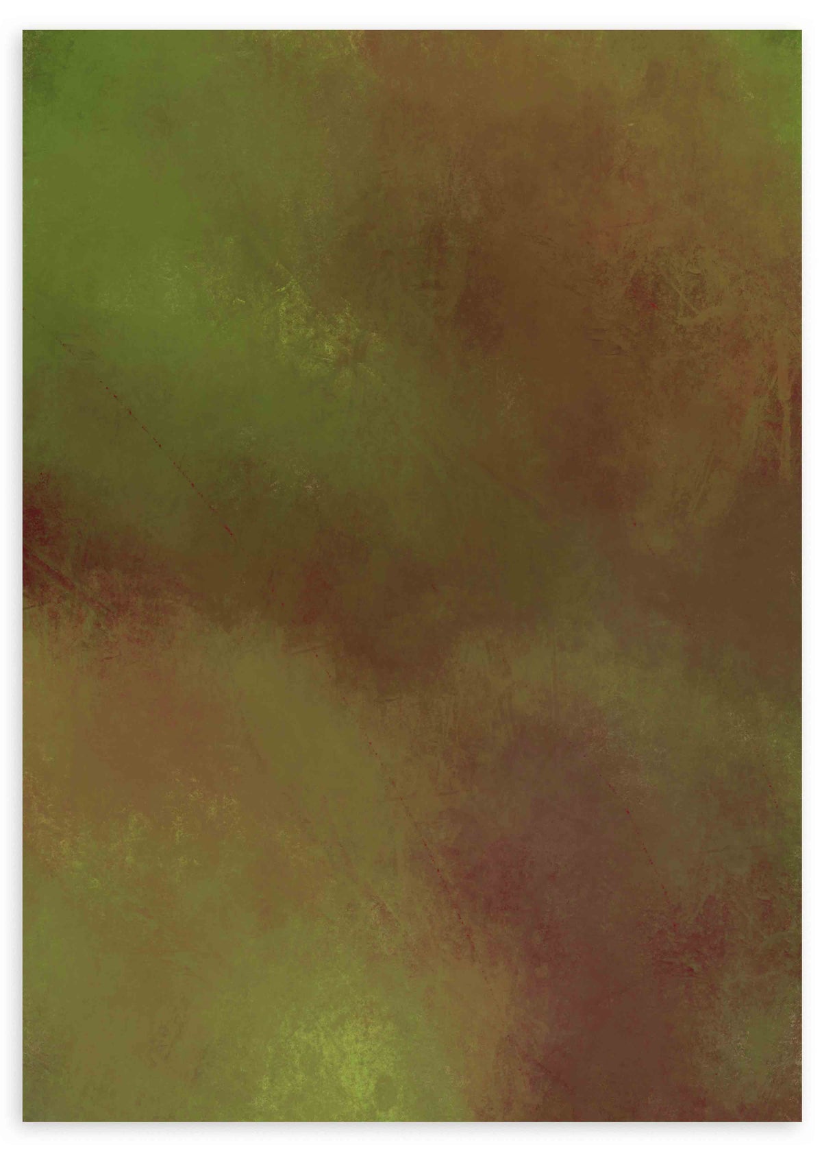Cuadro con composición abstracta orgánica de manchas difusas en verde musgo, oliva y marrón rojizo, con textura visual suave y efecto envolvente de estilo abstracto. Disponible en kudeko.com