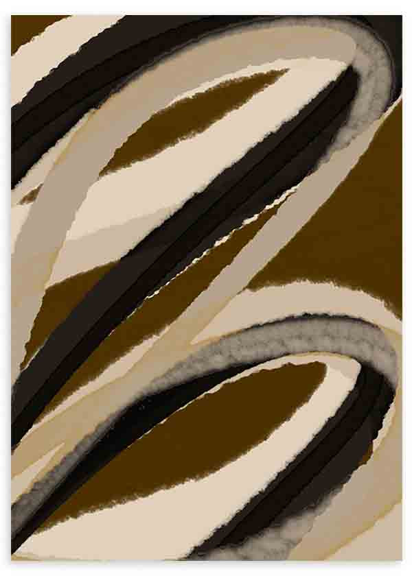 Cuadro abstracto minimalista con trazos curvos en tonos beige, negro y marrón oscuro, disponible en kudeko.com.
