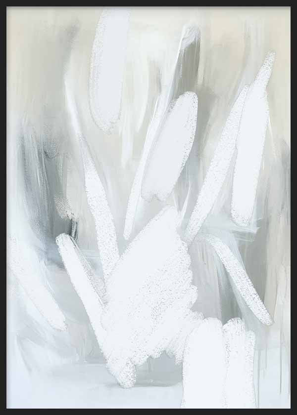 Quadro abstrato em branco e cinzento com formas alongadas, estilo simples e decorativo para interiores modernos. Disponível em kudeko.com