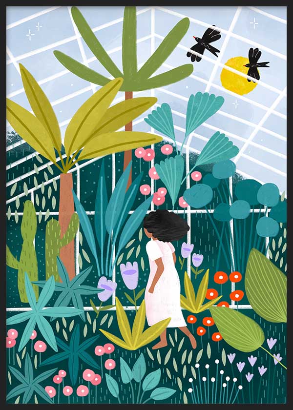 Cuadro ilustrado colorido con mujer paseando en un invernadero lleno de plantas y flores, obra de Bea Muller, kudeko.com
