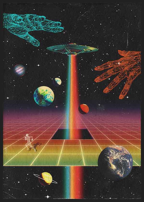 Quadro futurista vaporwave com OVNI, mãos geométricas e universo digital em tons néon, ambiente decorativo contemporâneo. Disponível em kudeko.com