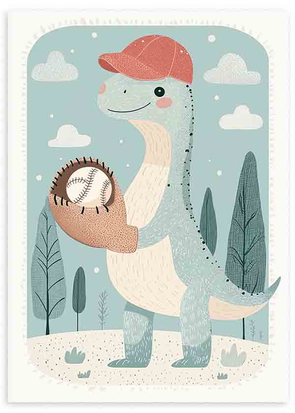 Quadro com dinossauro infantil, luva e bola de basebol, boné vermelho, fundo azul claro, nuvens brancas, árvores estilizadas e estilo suave em tons de creme, rosa e verde acinzentado. Disponível em kudeko.com