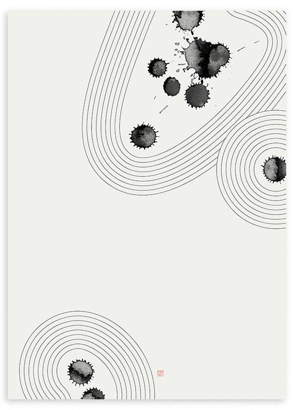 Cuadro japonés minimalista con manchas de tinta sumi-e y líneas curvas zen, kudeko.com
