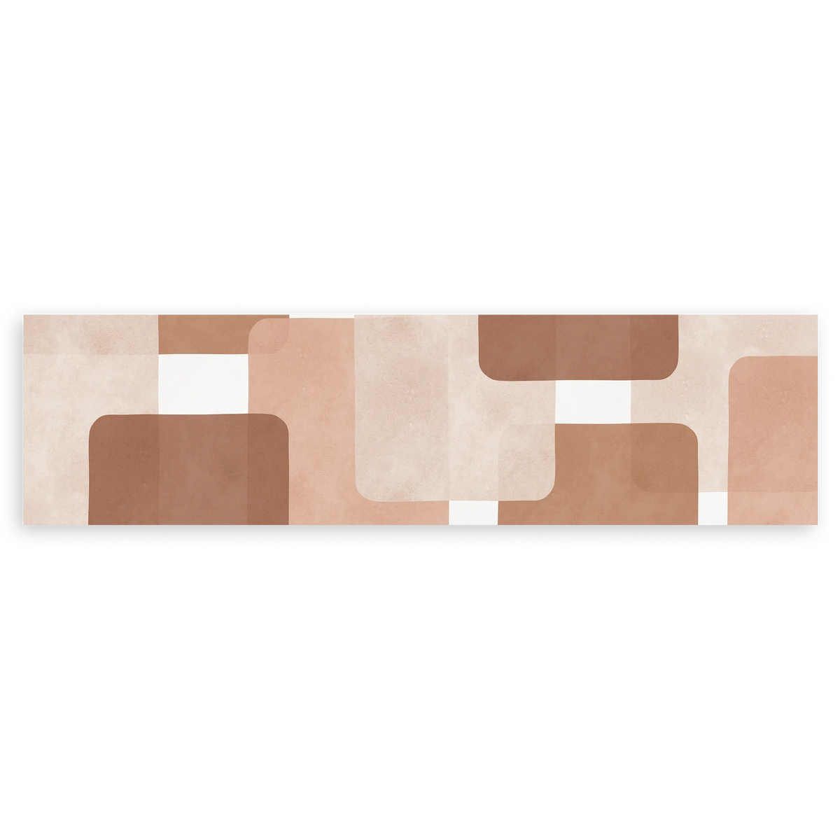 Cuadro horizontal con composición geométrica de bloques rectangulares y formas redondeadas en beige, arena, terracota y marrón suave, de estilo geométrico. Disponible en kudeko.com