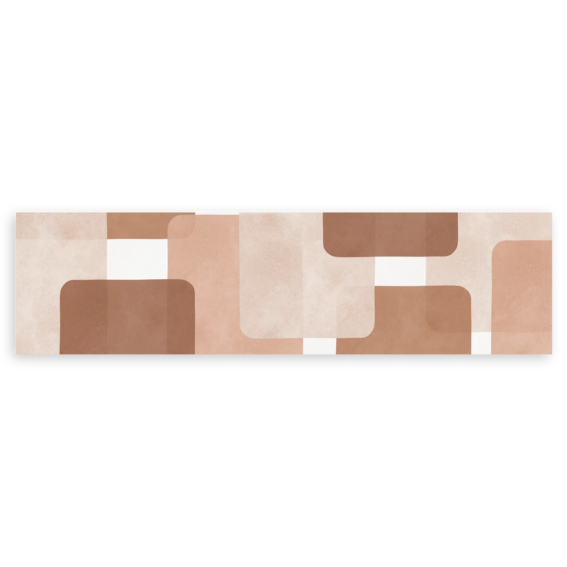 Cuadro horizontal con composición geométrica de bloques rectangulares y formas redondeadas en beige, arena, terracota y marrón suave, de estilo geométrico. Disponible en kudeko.com