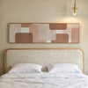 Tableau horizontal avec composition géométrique de blocs rectangulaires et formes arrondies en beige, sable, terre cuite et brun doux, dans un style géométrique épuré. Disponible sur kudeko.com