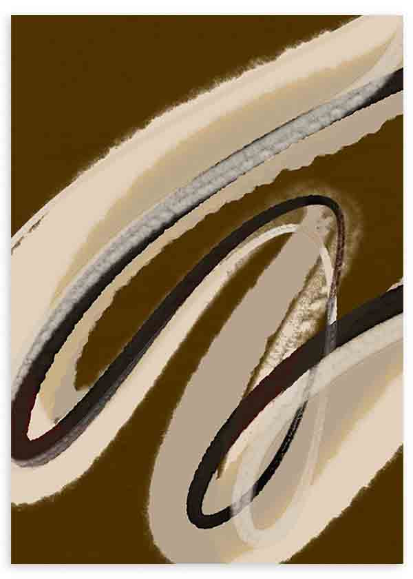 Quadro abstrato minimalista com linhas curvas em tons bege, preto e castanho quente, para uma decoração de parede sóbria e contemporânea. Disponível em kudeko.com