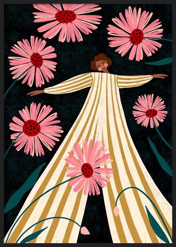Cuadro ilustrado colorido mujer entre flores rosas de Bea Muller, kudeko.com

