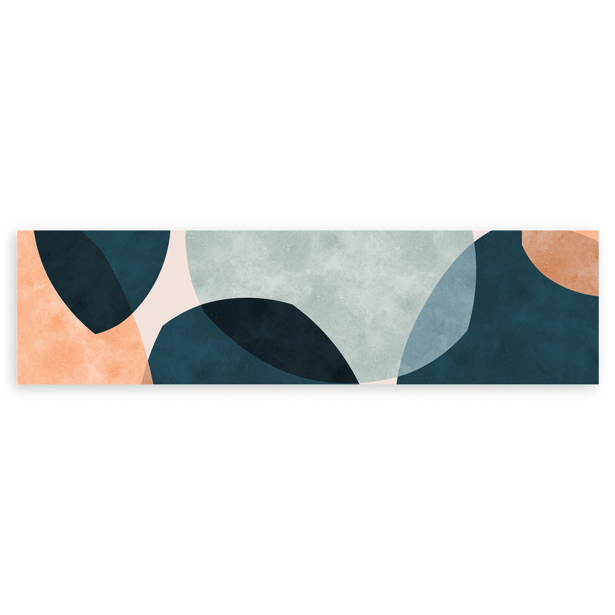 Cuadro horizontal con formas abstractas curvas superpuestas en azul petróleo, azul grisáceo, beige claro y acentos melocotón, de estilo abstracto. Disponible en kudeko.com