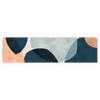 Tableau horizontal avec formes abstraites courbes et superposées en bleu pétrole, bleu gris, beige clair et accents pêche, dans un style abstrait contemporain. Disponible sur kudeko.com