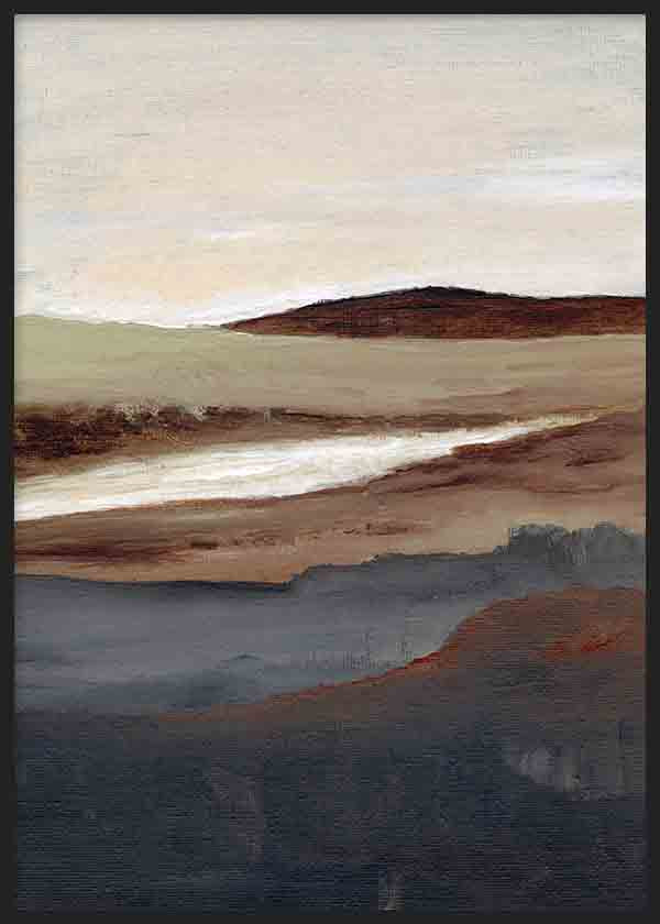 Cuadro de paisaje abstracto con colinas difusas, horizonte suave, franja clara central, tonos beige, marrón y azul grisáceo, de estilo naturaleza y paisajes. Disponible en kudeko.com