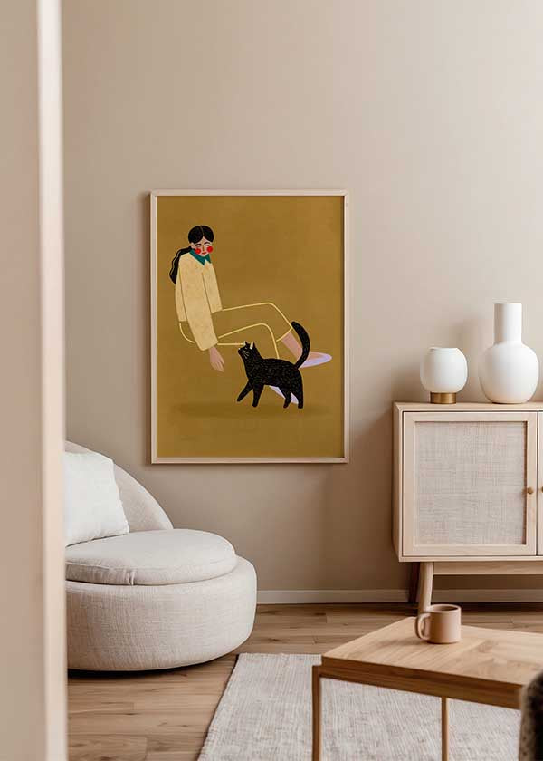 Cuadro ilustrado colorido mujer con gato negro de Bea Muller, kudeko.com
