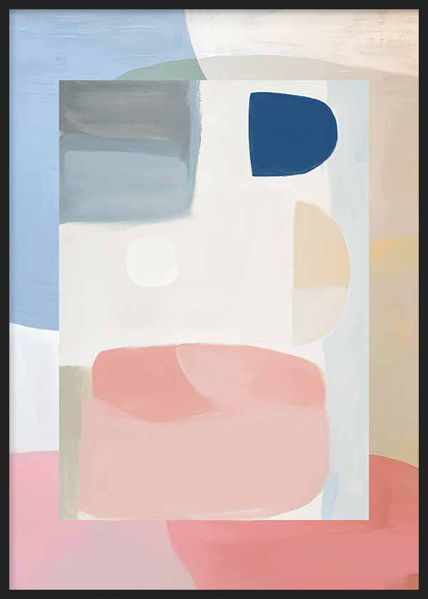 Tableau abstrait géométrique dans des tons pastel avec bleu marine et rose, style décoratif moderne. Disponible sur kudeko.com