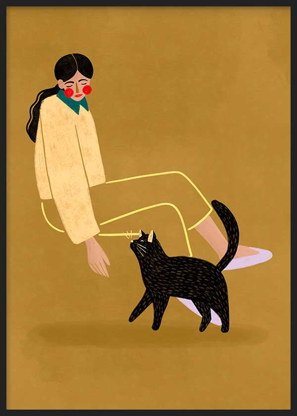 Quadro ilustrado colorido com mulher e gato preto, estilo decorativo de Bea Muller. Disponível em kudeko.com