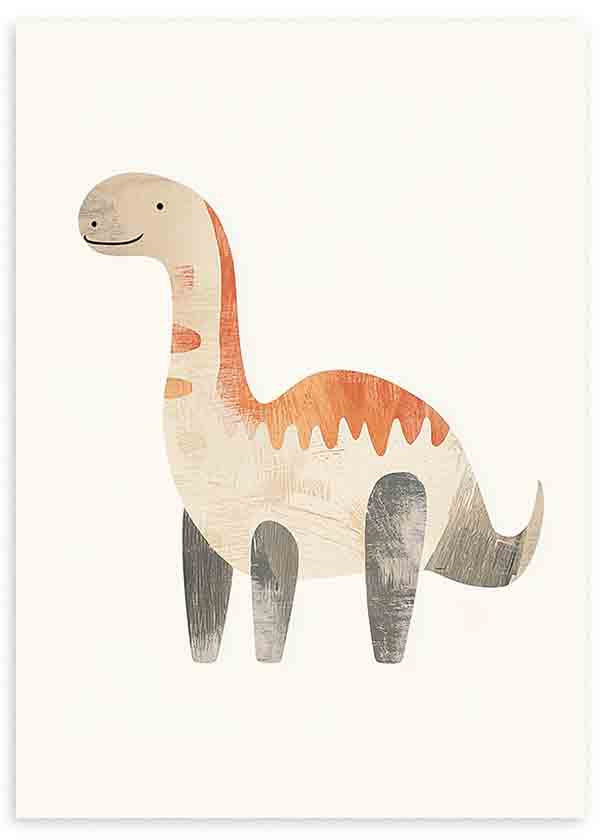 Quadro emoldurado com dinossauro de pescoço comprido em bege, terracota e cinzento, sobre fundo claro, estilo infantil, formas suaves e aspeto texturado. Disponível em kudeko.com