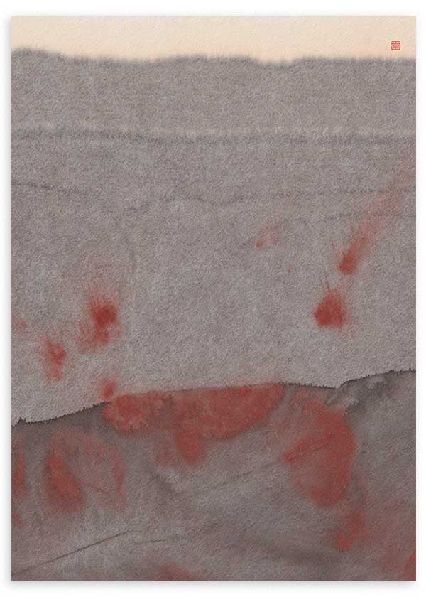 Cuadro abstracto con capas grises y toques rojizos difuminados, kudeko.com
