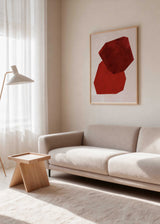 Cuadro abstracto terracota con formas geométricas irregulares sobre fondo claro, kudeko.com
