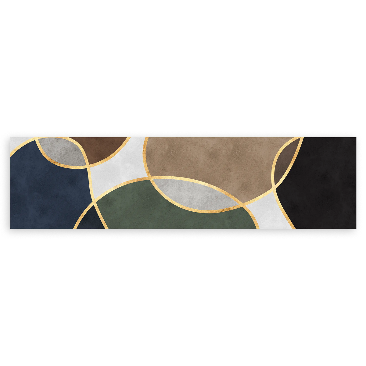 Cuadro horizontal con círculos superpuestos, líneas doradas y bloques en azul oscuro, verde oliva, marrón, beige, blanco y negro, de estilo geométrico. Disponible en kudeko.com