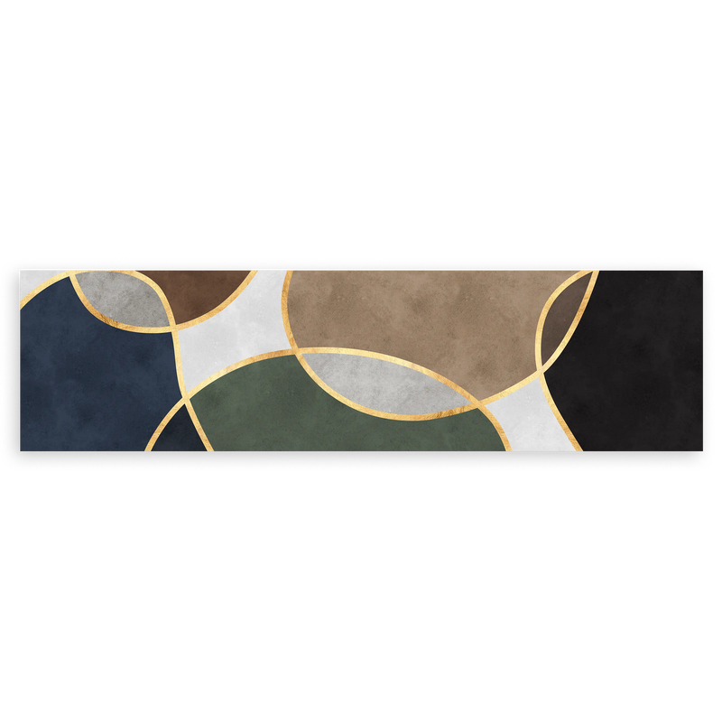 Cuadro horizontal con círculos superpuestos, líneas doradas y bloques en azul oscuro, verde oliva, marrón, beige, blanco y negro, de estilo geométrico. Disponible en kudeko.com
