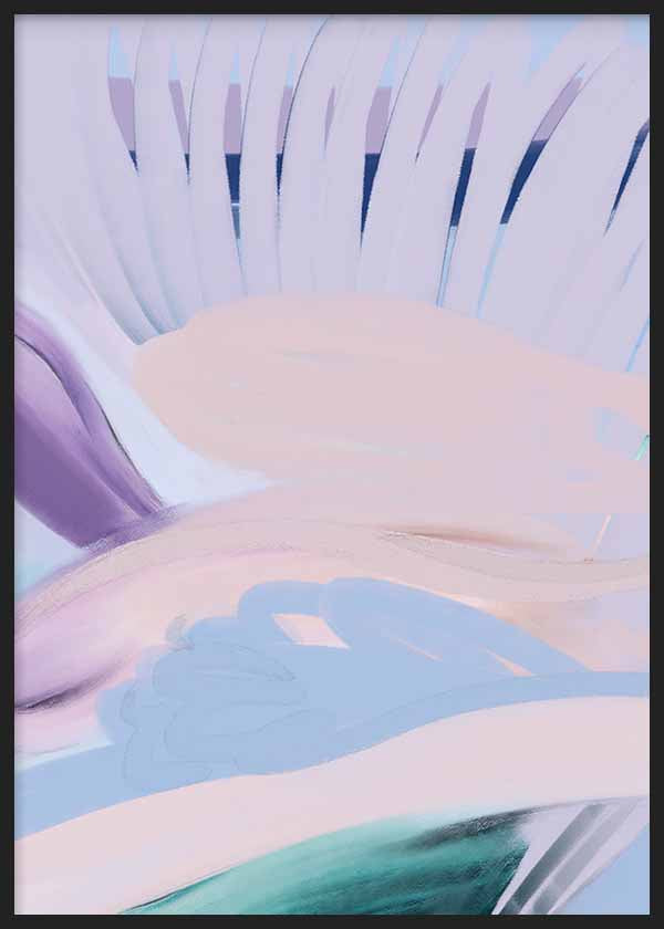 Cuadro abstracto en tonos lavanda, rosa y azul con formas fluidas y dinámicas, kudeko.com

