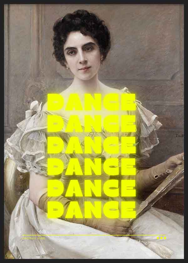 Tableau pop art avec portrait classique revisité, mot « DANCE » en typographie néon, style décoratif contemporain. Disponible sur kudeko.com
