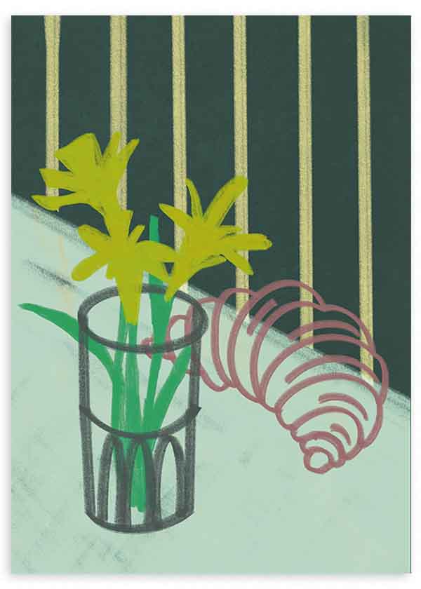 Quadro quadrado colorido de flores e croissant disponível em kudeko.com