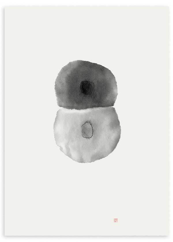 Cuadro japonés minimalista con dos formas circulares en tinta sumi-e, kudeko.com
