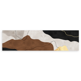 Tableau horizontal avec formes abstraites organiques en brun terre, crème, noir et détails dorés, dans un style abstrait contemporain pour décoration murale. Disponible sur kudeko.com