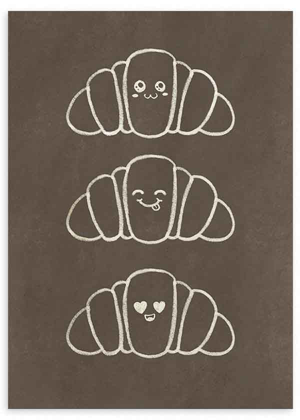 Cuadro cuadrado minimalista con adorables croissants felices. Disponible en kudeko.com