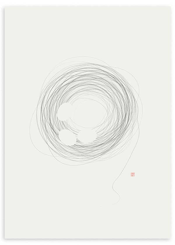 Cuadro japonés minimalista con espiral de líneas finas y formas circulares blancas estilo zen, kudeko.com
