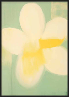 Cuadro abstracto de flor blanca y amarilla sobre fondo verde, kudeko.com
