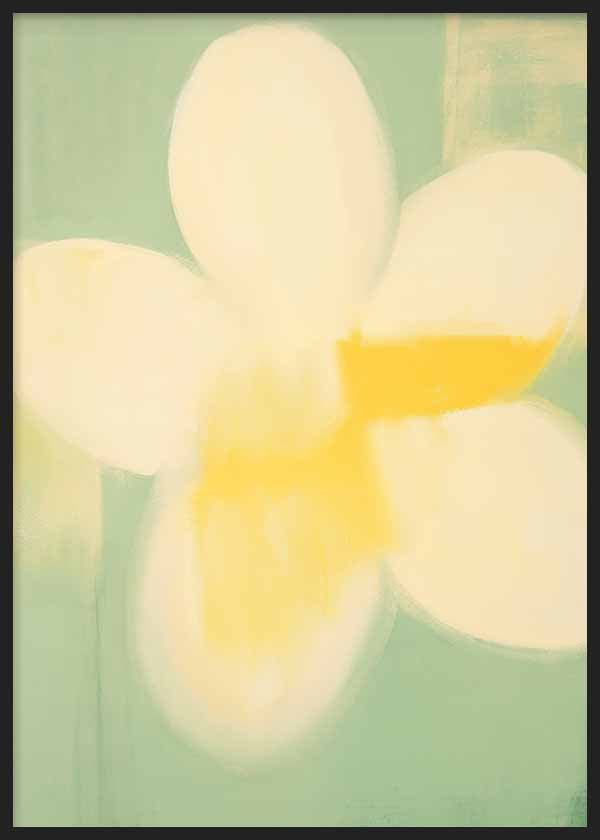 Cuadro abstracto de flor blanca y amarilla sobre fondo verde, kudeko.com
