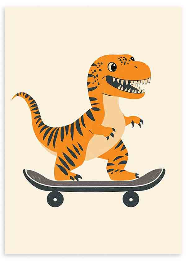 Tableau avec dinosaure orange souriant sur un skateboard gris, rayures foncées, fond beige clair et style enfantin ludique pour décoration murale. Disponible sur kudeko.com