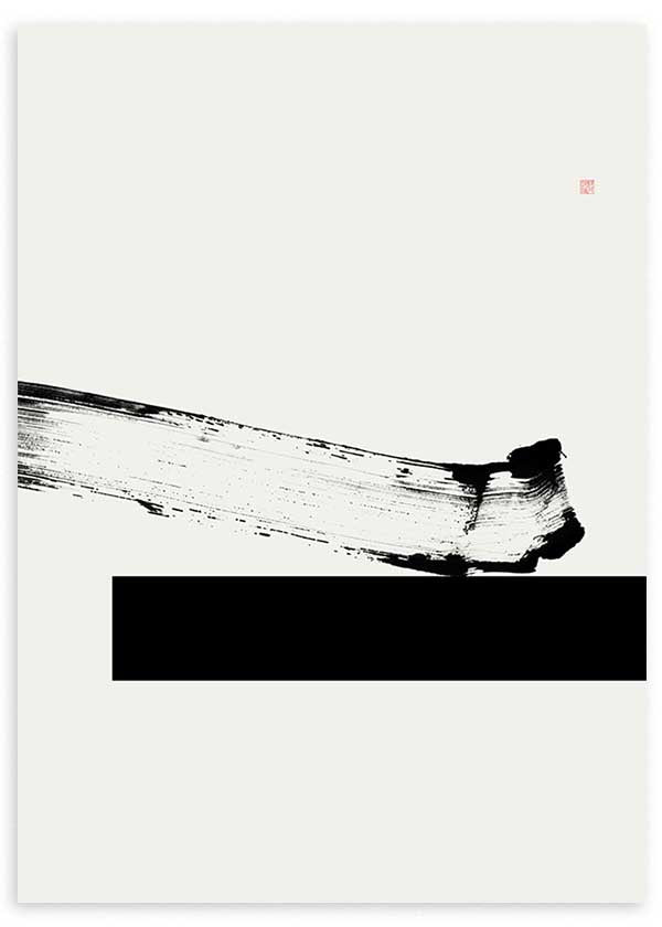 Cuadro japonés minimalista en blanco y negro con trazo sumi-e, kudeko.com
