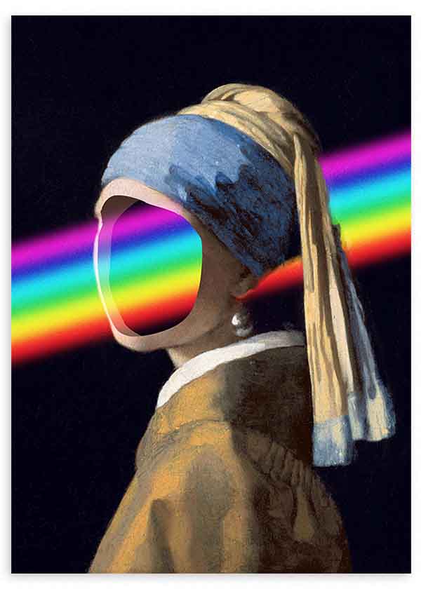 Wandbild im Pop-Art-Stil mit moderner Neuinterpretation eines klassischen Porträts und einem regenbogenfarbenen Lichtstrahl. Erhältlich auf kudeko.com