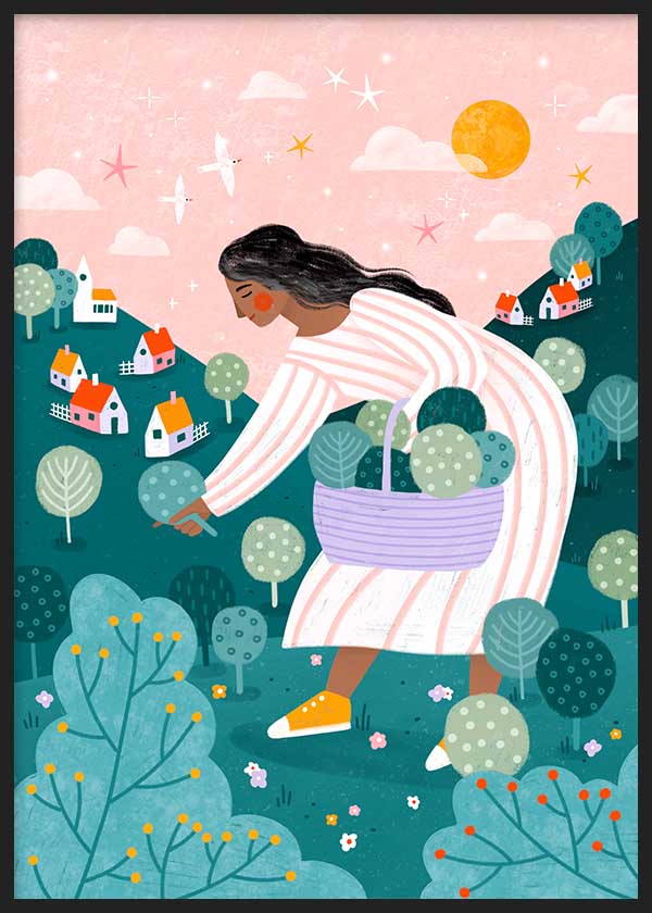 Cuadro ilustrado colorido mujer recogiendo plantas en paisaje con colinas y casas de Bea Muller, kudeko.com
