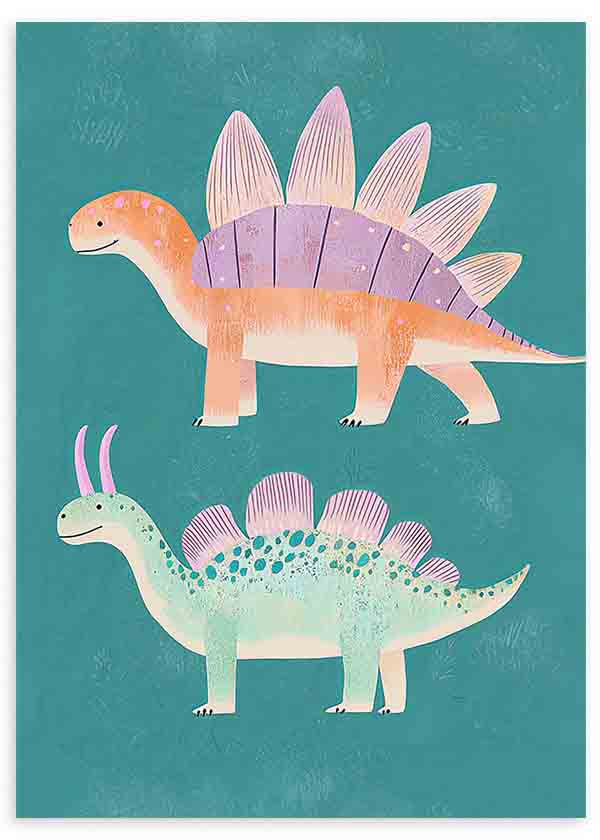 Tableau encadré avec deux dinosaures aux formes douces, fond turquoise, tons pêche, lilas, vert d’eau et détails rosés, dans un style enfantin pastel. Disponible sur kudeko.com